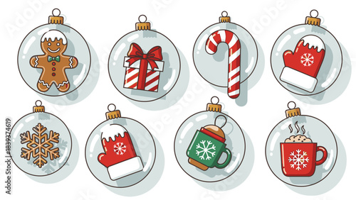Flat lay of eight Christmas ornaments featuring festive icons like a gingerbread man, candy cane, and steaming mug on a clean white background, evoking a joyful holiday atmosphere.