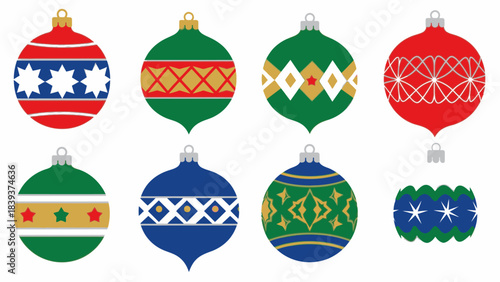 Colorful Christmas ornaments hanging against a white background with a grandfather clock on Christmas Day.