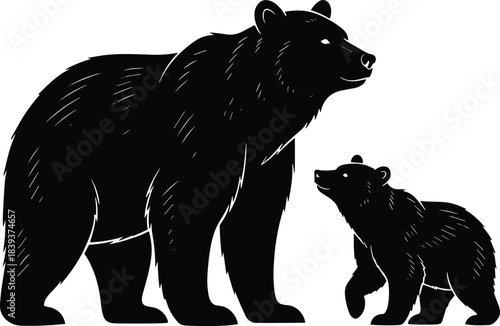 Silhouette of parent bear and cub standing together, symbolizing wildlife care, family bond, and animal kingdom relationships