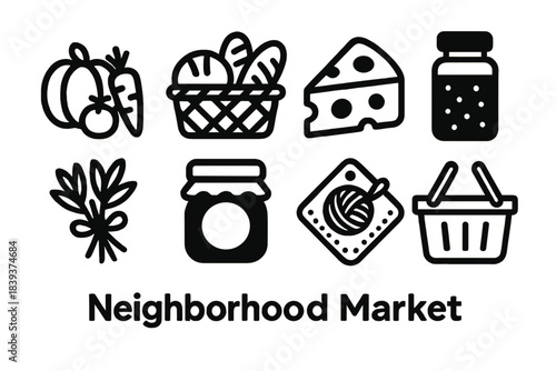 Market Essentials Icons. Neighborhood Market Items linear set: produce spread, bread basket, cheese slice icon, spice mix jar, herb bunch, local preserves, craft goods label,