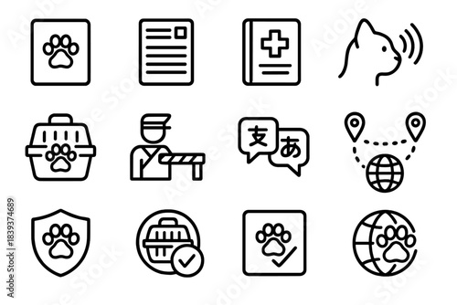 Pet Travel Icons. International Pet Travel Prep Icons linear set: passport paw symbol, customs form, vaccination booklet, microchip scan, approved carrier, border checkpoint icon,