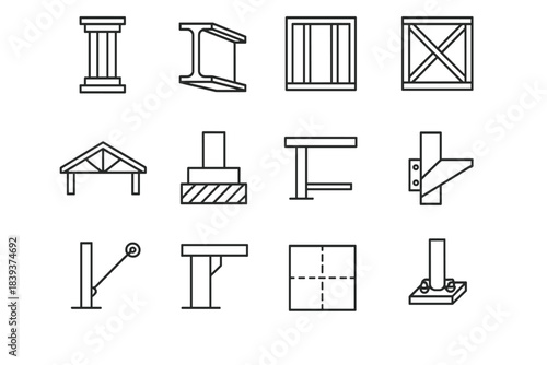 Architectural Elements Icons. Core Structural Elements linear set: column shaft, primary beam, framed wall, trussed roof, foundation block, braced bay, tension rod, extended slab,