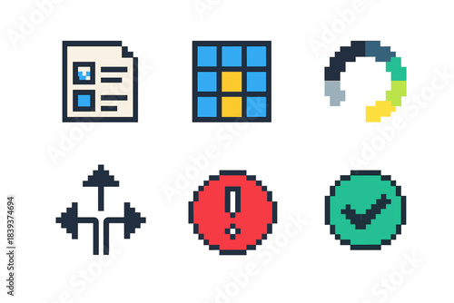 Service Icons Collection. Service coordination tools pixel style set: request form, workflow grid, load indicator, routing arrows, priority stamp, completion token.