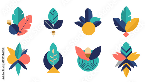 Abstract botanical vector art with minimalist geometric shapes and organic forms in a vibrant color palette