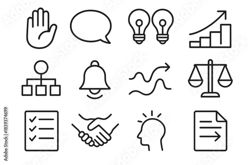 Constructive Dialogue Icons. Constructive Dialogue Tools linear set: listening hand, open speech bubble, idea comparison panel, step-by-step arrows, issue map, gentle reminder bell