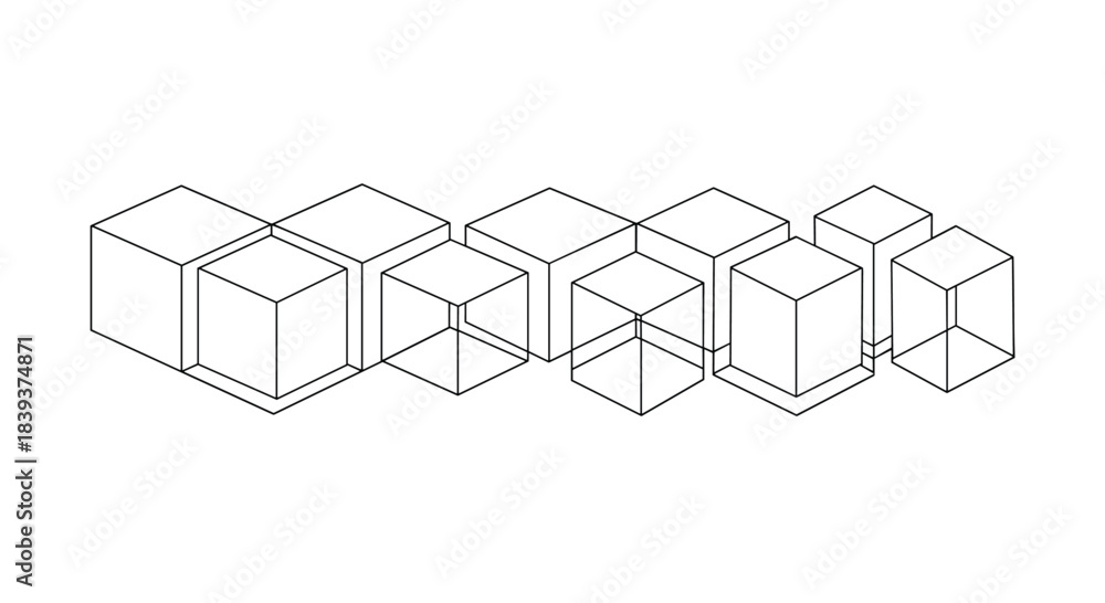 Fototapeta premium Abstract geometric design with a row of interconnected 3D wireframe cubes of various sizes in a simple outline style.