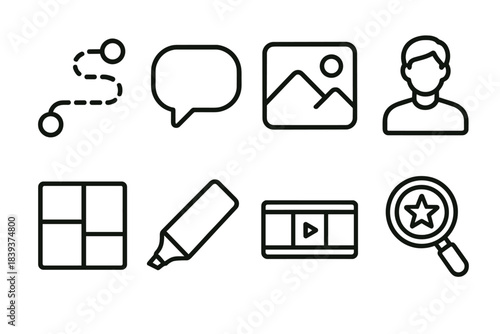 Iconic Storytelling Elements. Online Storytelling Set linear set: narrative path, dialogue bubble, scene frame, character outline, mood board, highlight marker, timeline strip,