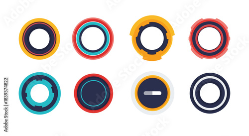 Set of eight colorful and futuristic circular hud elements or loading indicators for user interface design projects.