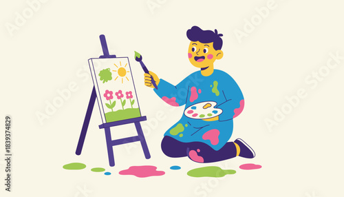 A young artist immersed in painting with bright colors splattered around and a look of pure joy and creativity on their face.