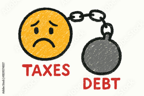 Coin in Chains. A minimalist vector illustration for the concept of Taxes and Debt. Depict a single, sad-looking coin with a cartoon frowning face, attached to a large, simple