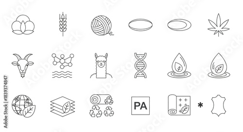 Collection of sustainable material icons isolated on set includes cotton, wheat, wool, hemp, goat, alpaca, dna, and water icons