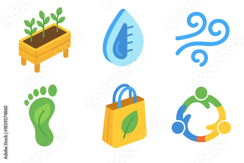Eco-Friendly Icons Collection. Neighborhood Eco Practices isometric flat set: communal planter, water gauge, gentle wind swirl, eco footprint, reusable tote, unity symbol.