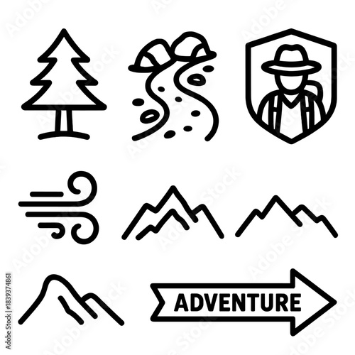 Wilderness Adventure Icons. Wilderness exploration linear set: pine tree, rocky trail, explorer badge, wind gust, ridge outline, adventure arrow.