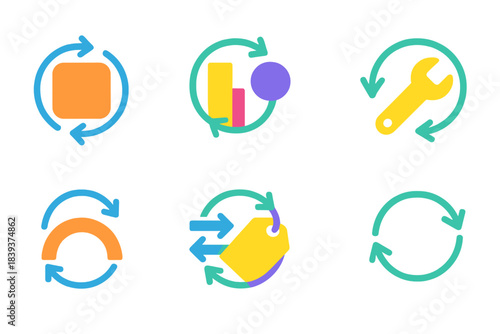 Circular Economy Icons. Closed-loop material dynamics flat set: recirculation tile, regenerative bar, reuse node, repair plate, renewal arc, cycle stripe, resource tag, loop marker