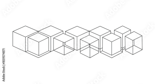 Abstract geometric design with a row of interconnected 3D wireframe cubes of various sizes in a simple outline style.