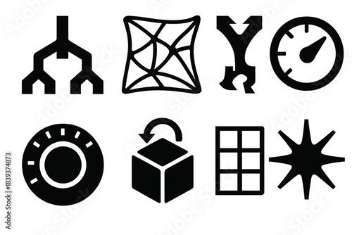 Brutalist Design Icons. Generative Design Pathways silhouette set: algorithmic branching tree, adaptive mesh frame, shape-optimization gauge, topology-shift symbol, parametric