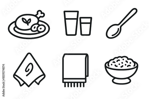 Minimalist Dining Icons. Home dining set linear set: meal platter, water glasses, serving spoon, cozy napkin, table runner, shared dish.