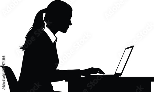 Silhouette of professional woman working on laptop at desk, representing remote work, digital engagement, and modern productivity