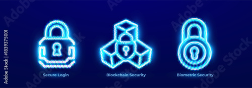 Secure Login Password Protection Access Control Icon Set. Blockchain Security Distributed Secure Network Line Neon Logos. Biometric Security Fingerprint Lock Identity Protection. Vector illustration
