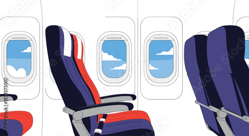 Interior view of an airplane cabin with empty red and blue passenger seats next to windows showing a beautiful blue sky view.