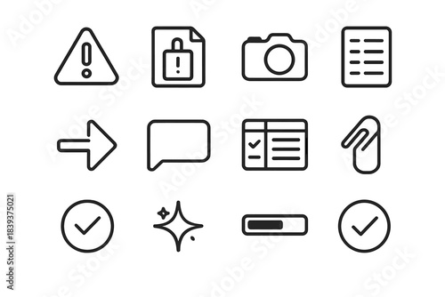 Incident Icon Set. Incident Reporting Systems Symbols linear set: hazard alert, report ticket, evidence icon, log sheet, follow-up arrow, comment tag, status panel, attach file,