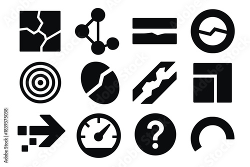Cognitive Fragmentation Icons. Cognitive Fragmentation Models silhouette set: thought-division tile, belief-split node, reasoning gap bar, conflicting perspective ring, tension