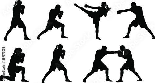 Silhouettes of martial artists and boxers in dynamic poses, illustrating combat techniques, stances, and training movement style