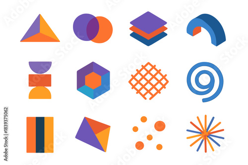 Vibrant Geometric Icons. Abstract Geometry isometric flat set: angled triangles, intersecting circles, layered squares, bold line arcs, color block shapes, shifting polygons,