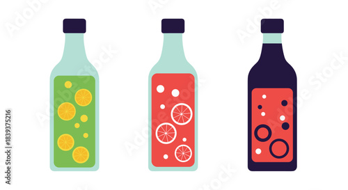 Set of three glass bottles filled with colorful fresh fruit juices with floating citrus slices and bubbles illustration.