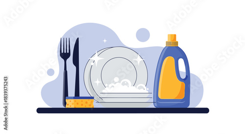 Clean shiny plates stacked with a fork knife sponge and dish soap bottle illustrating the concept of dishwashing chores.