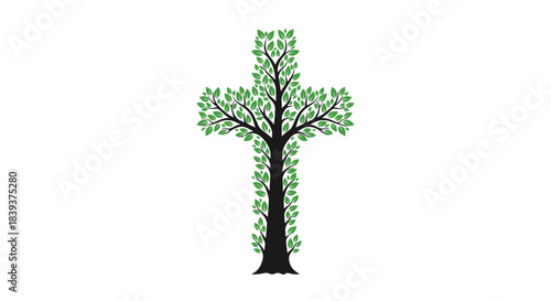 Tree with green leaves and a dark trunk growing in the symbolic shape of a christian cross isolated on a white background.