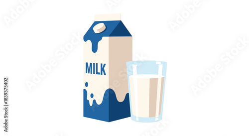 Carton of fresh milk with blue and white packaging next to a tall clear glass filled with milk on a white background.