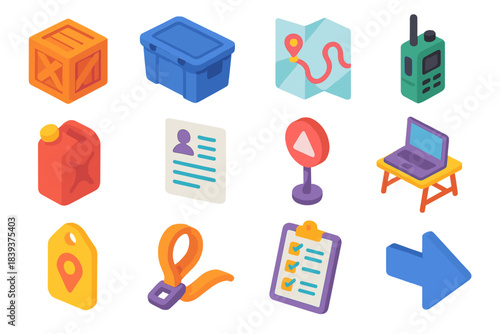 Isometric Logistics Icons. Field Operations Logistics Elements isometric flat set: supply crate, transport bin, route map icon, handheld radio, fuel can, equipment roster sheet,