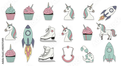 Large collection of cute cartoon stickers including unicorns cupcakes spaceships ice skates and other fun decorative elements.