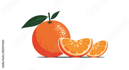 Whole fresh orange with a green leaf and two juicy orange slices next to it isolated on a plain white background.