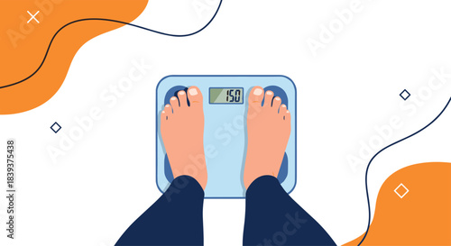 Top-down view of a person's feet standing on a digital bathroom scale with an abstract orange and white background.