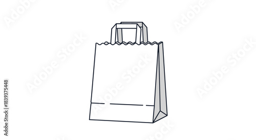 Simple black and white line art illustration of a blank paper shopping bag with handles for retail or takeout concepts.