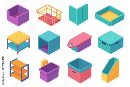 Colorful Shelf Organizers. Shelf Organizers flat isometric set: stackable bin, wire shelf basket, divider panel, pull-out tray, corner shelf riser, modular cube, label tag, sliding