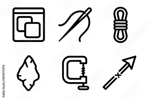 Wilderness Repair Toolkit. Wilderness Repair Skills linear set: patch kit, sewing needle, cord wrap, tool shard, quick-fix clamp, repair arrow.