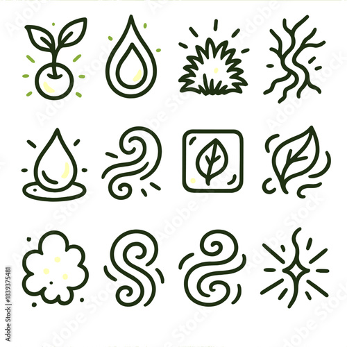 Arcane Nature Icons. Arcane Nature Energies linear set: glowing sprout core, essence droplet, radiant moss tuft, enchanted root pulse, shimmering sap bead, luminous wind curl,