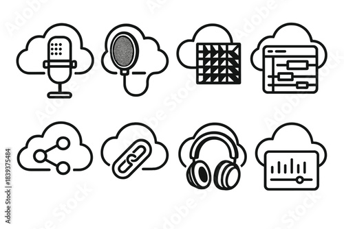 Audio Workflow Icons. Cloud-based audio workflows linear set: compact mic, filter screen, sound dampener tile, DAW timeline strip, share icon, session link, monitor earcups,
