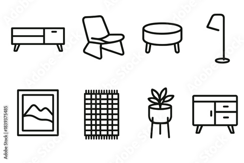 Living Space Décor Icons. Living space décor icons linear set: media console, lounge chair, ottoman, standing lamp, framed print, woven rug, planter stand, sideboard.