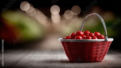   A red basket full of cherries sits on a wooden table with a book of lights in the background