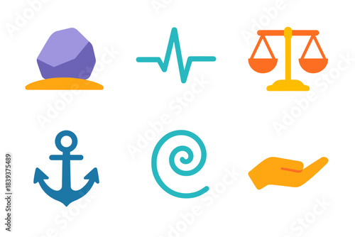Modern Stability Icons. Personal Stability Systems flat set: grounding stone, steady heartbeat line, balanced scale, secure anchor, calm breath swirl, supportive hand.