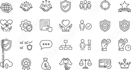  Minimalist Line Icons Set Representing Business Trust, Security, Teamwork, Ethics, Quality Assurance, Leadership, Innovation, and Corporate Values