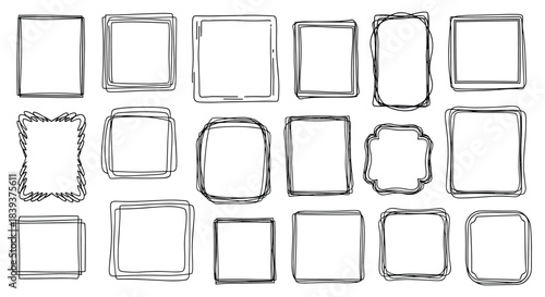 Big set of hand-drawn doodle frames in various square and rectangular shapes with a sketchy and uneven line style.