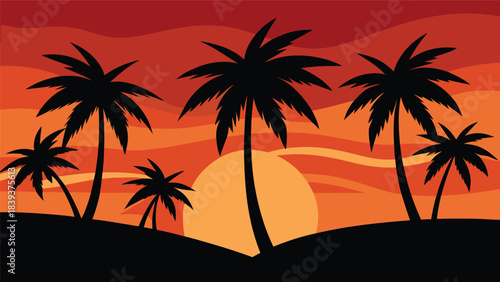 Tropical sunset silhouette palm trees warm orange sky