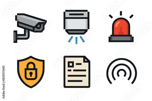 Security Icons Collection. Security Monitoring Tools set of icons in flat pixel vector style: CCTV camera, motion sensor, alert beacon, shield lock, activity log, detection wave.