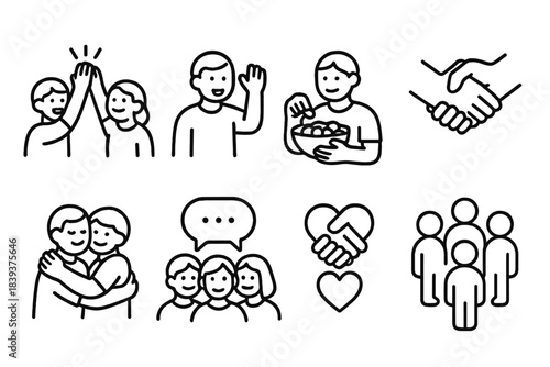 Connection Icon Set. Connection Moments Set linear set: team cheer, friendly wave, shared snack bowl, mutual support hands, warm greeting, group chat bubble, heart clasp, social