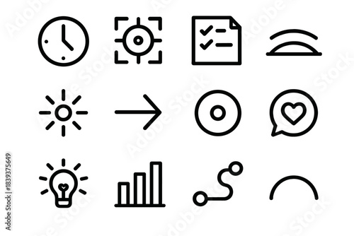 Mindful Productivity Icons. Mindful Productivity Symbols linear set: peaceful clock, focus marker, tidy task sheet, grounding curve, calm glow, workflow arrow, clarity dot, mindful